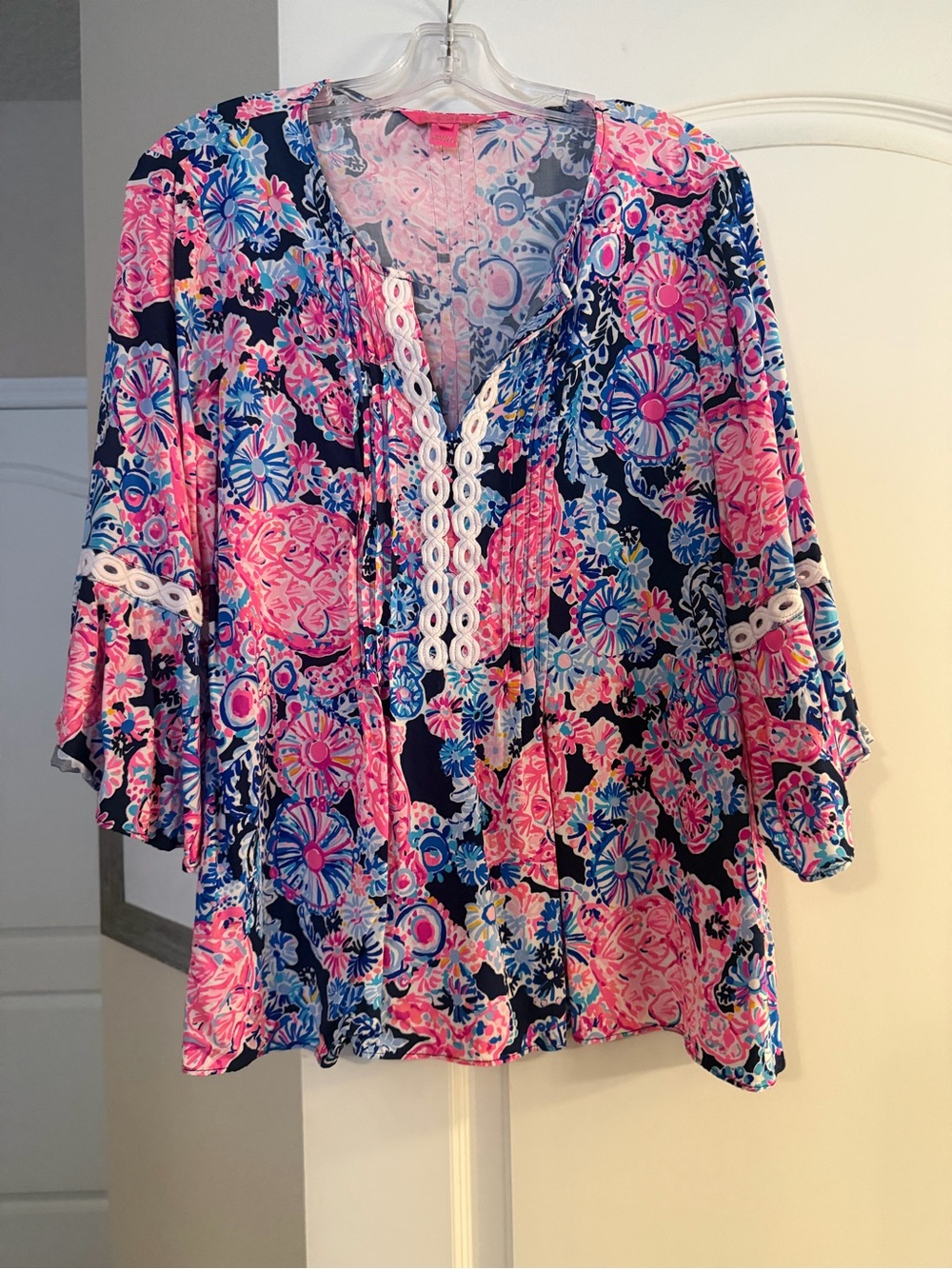 Lilly Pulitzer Hollie Tunic - Pink & Navy Floral V-Neck Tunic with Lace Trim